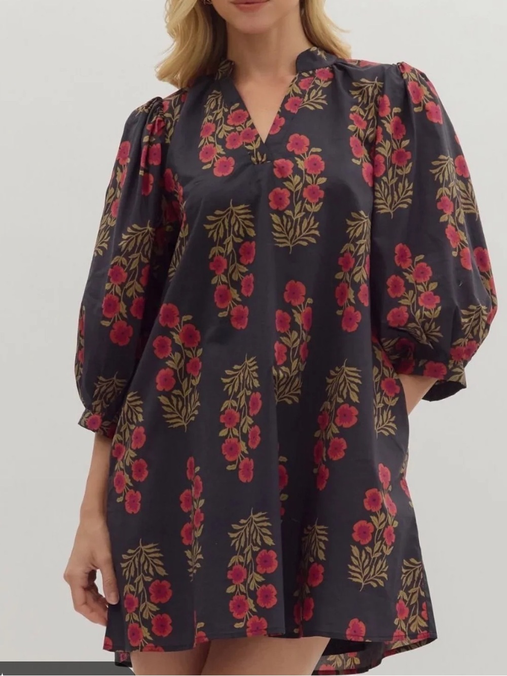 entro Black Mini Dress with Pink and Gold Floral Print